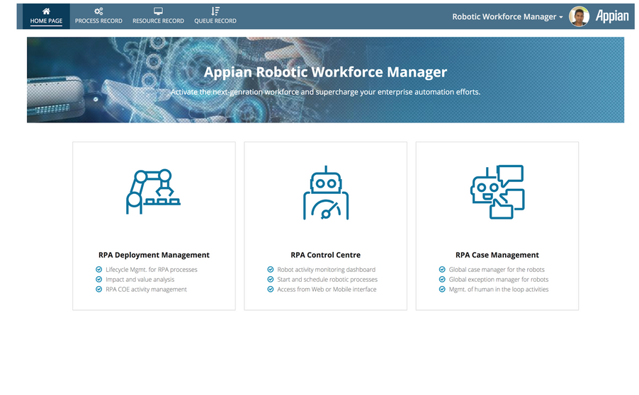 appian robotic workforce manager home page